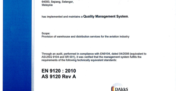 EN 9120 and AS 9120 certification from DQS Germany